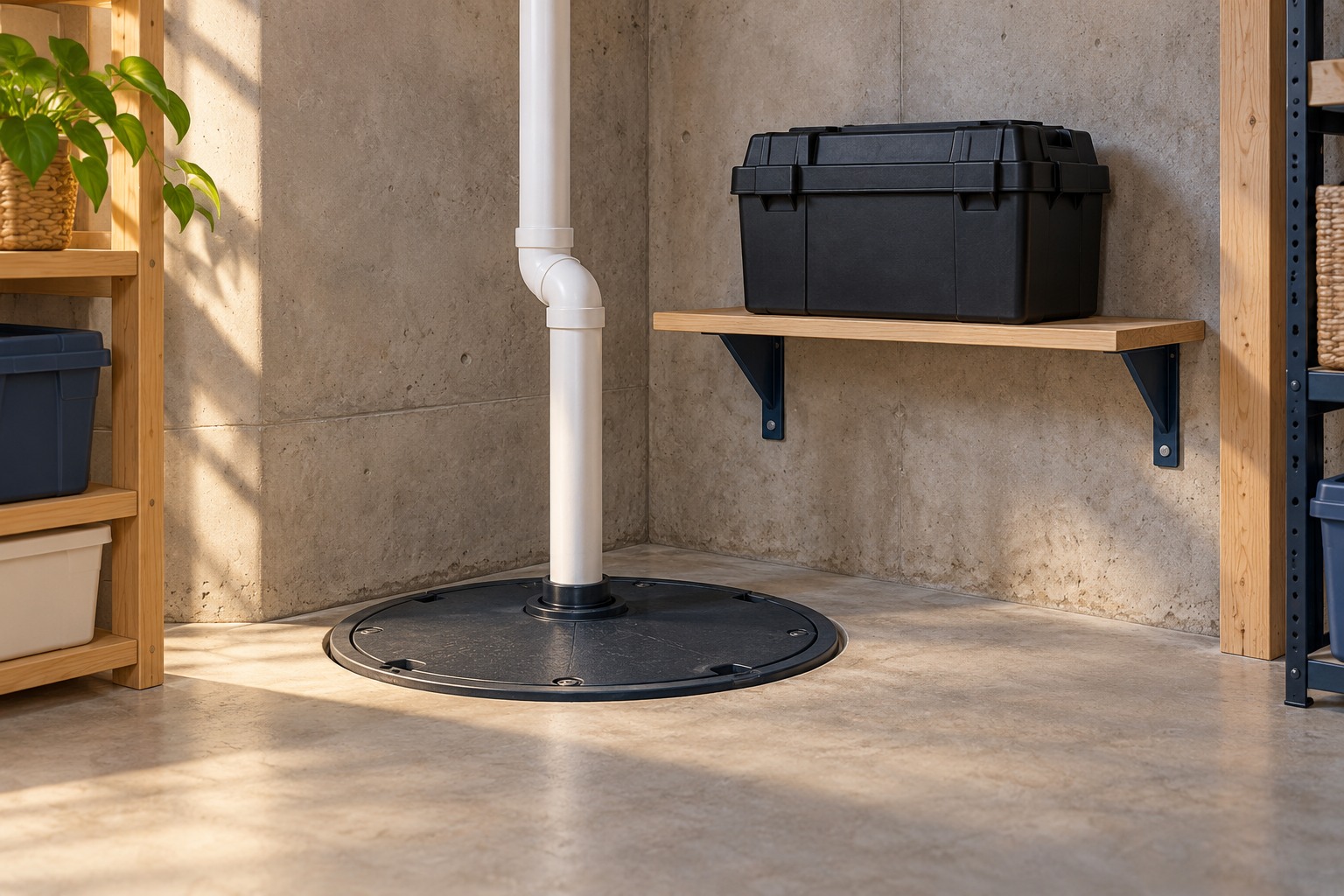 Editorial illustration of a covered sump basin and a closed battery case on a raised shelf