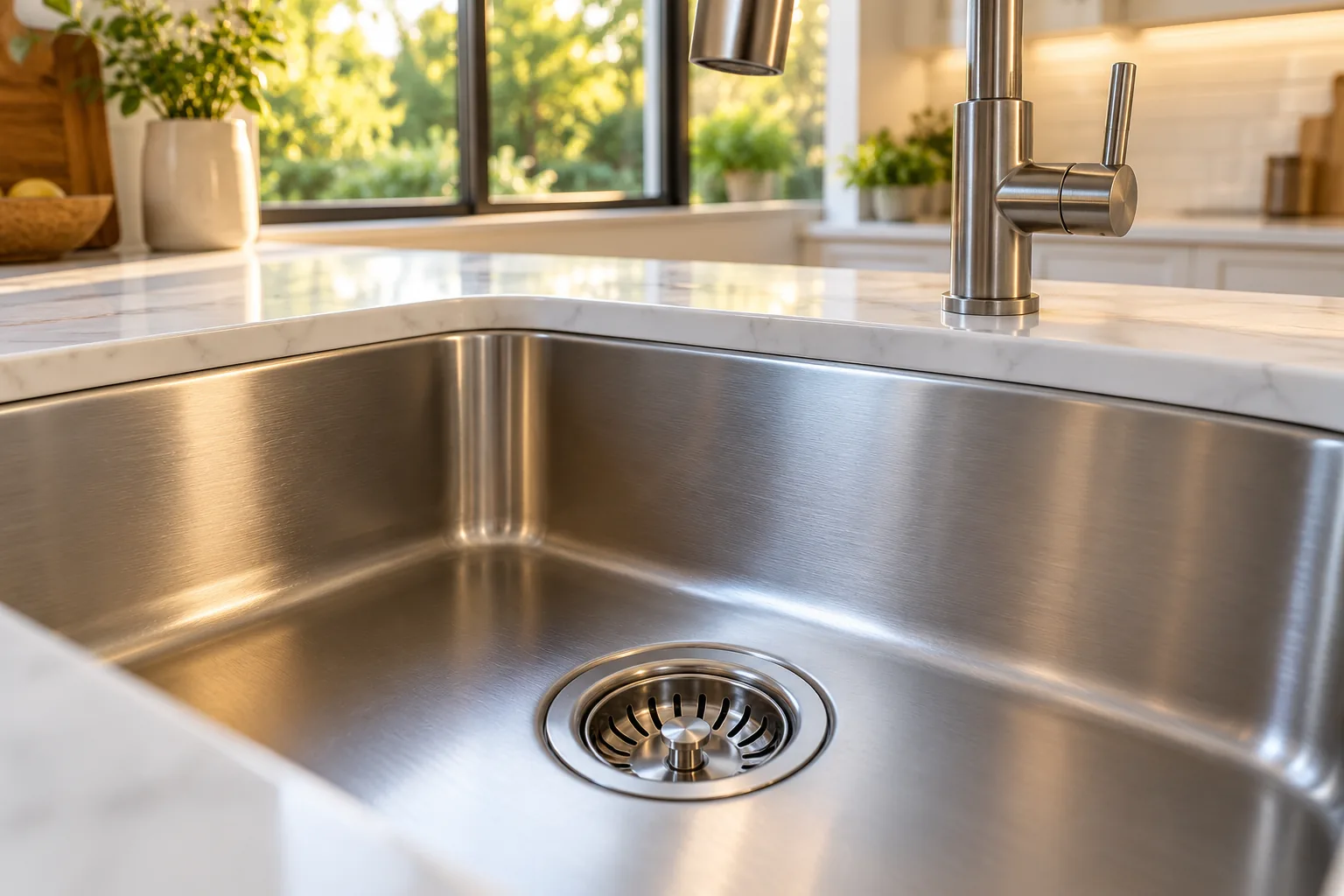 Stainless steel kitchen sink with a removable drain strainer and a brushed metal faucet