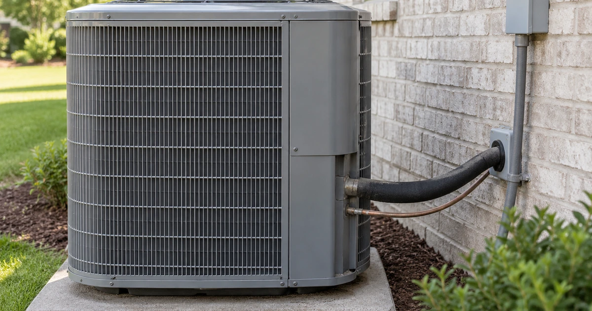 Outdoor air conditioner with insulated and copper refrigerant lines beside a brick wall