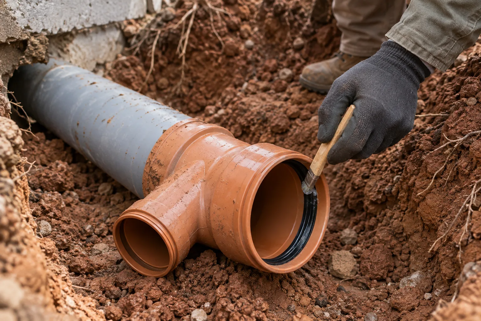 A gloved plumber applies lubricant to a sewer pipe fitting in an excavated trench.