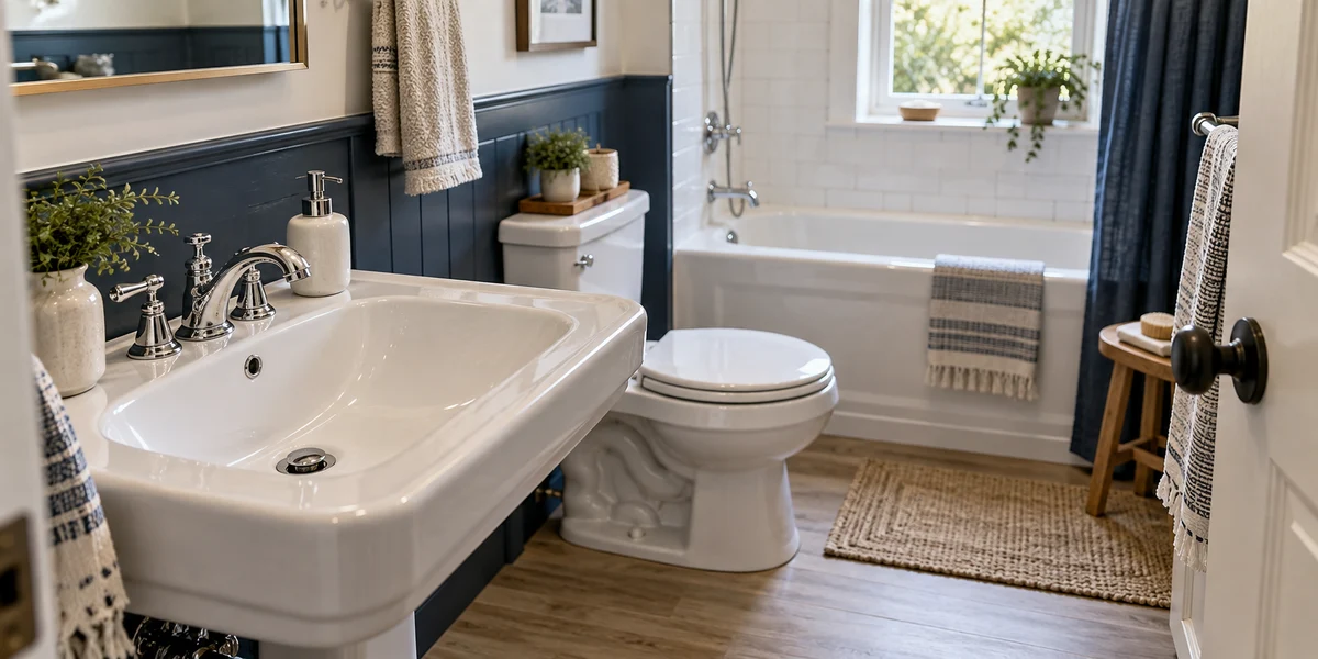 A bathroom sink, toilet, and bathtub