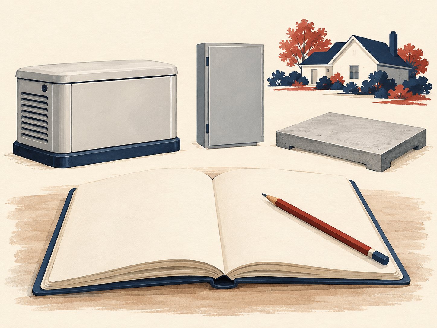Editorial illustration of a closed standby generator, closed transfer equipment box, support platform and blank planning notebook
