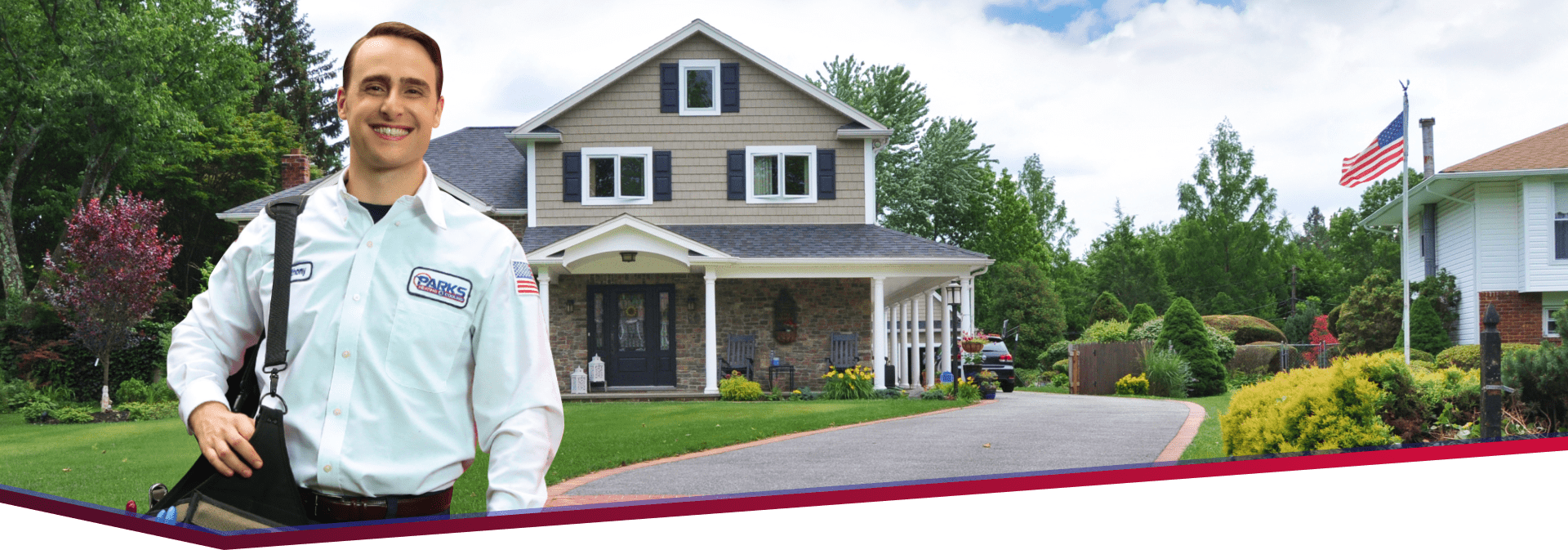 Parks HVAC technician smiling in front of a customer's home