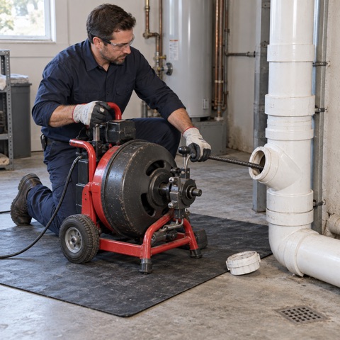 Plumber using professional drain-cleaning equipment